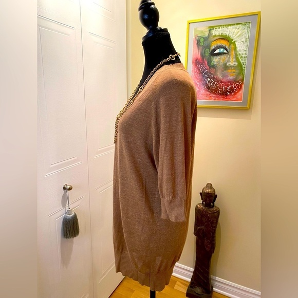 Y2K Liz Claiborne light coffee color ribbed knit v-neck,  hem & sleeves 🧶🤎 - Picture 4 of 9